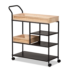 Baxton Studio Calais Modern Industrial Oak Brown Finished Wood and Black Metal Mobile Kitchen Cart with Rattan